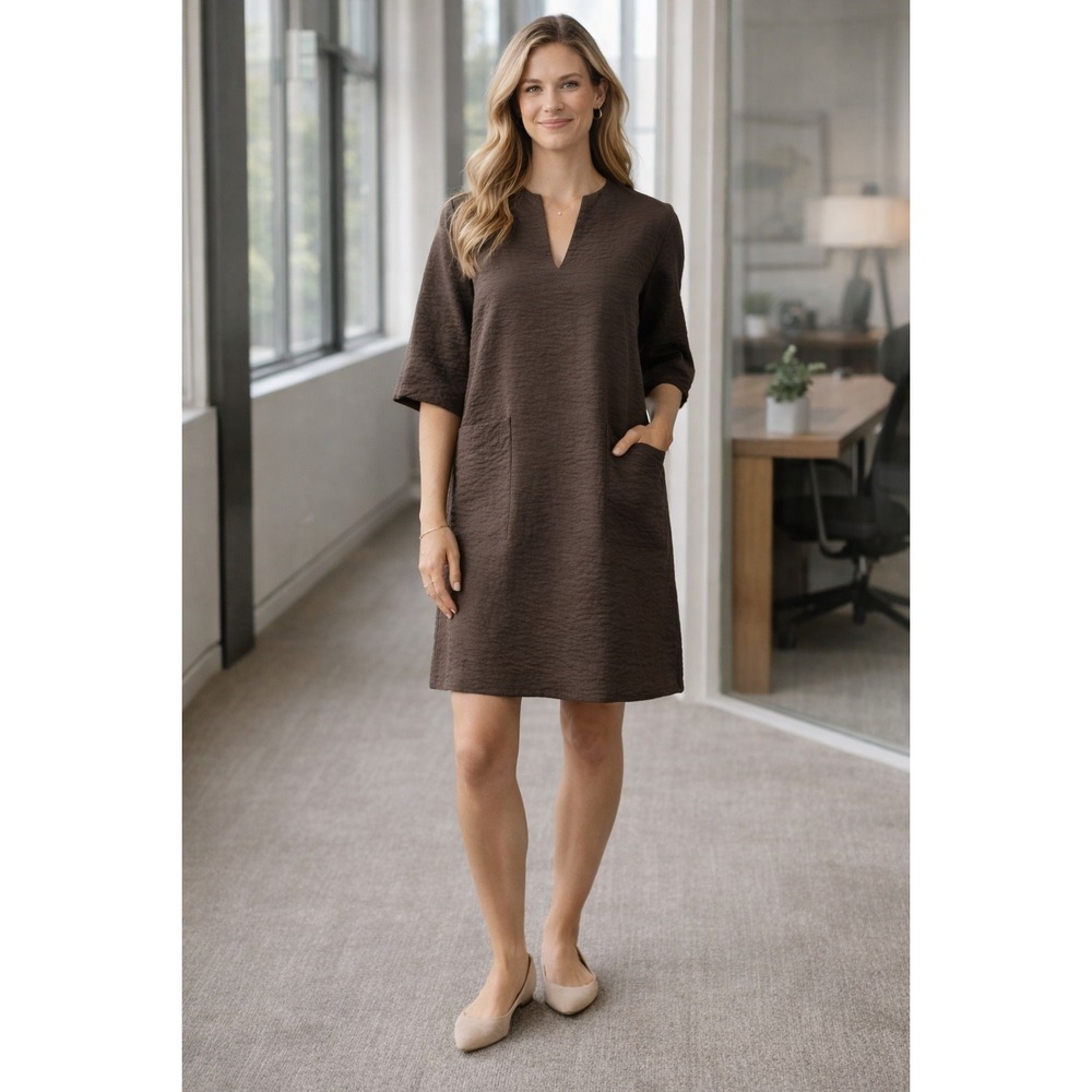 Amelline Mandarine Textured Shift Dress V-Neck Brown Size S NWT